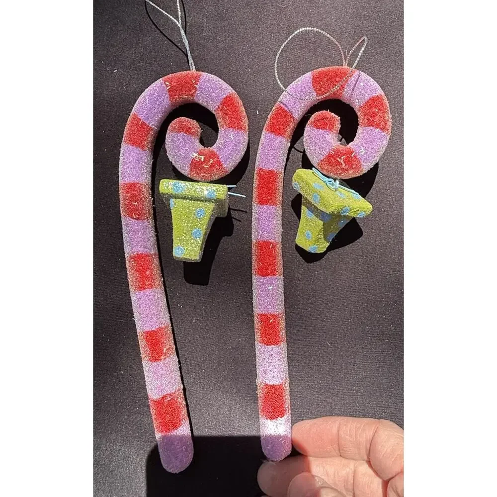 2 Vtg Dept 56 Whimsical Sugared Candy Cane Christmas Ornaments Frosted -K1